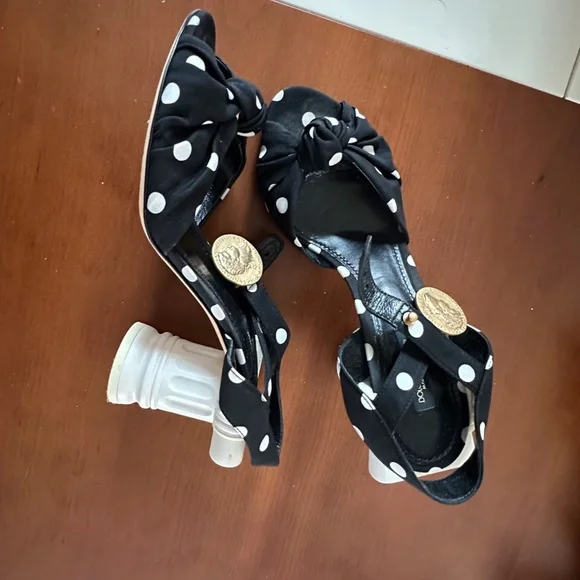 Dolce Gabbana Polka Dot Sandals with  column pillar  heel IT 37.5 - Picture 2 of 5